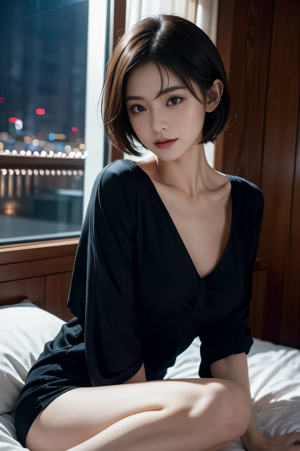 Modern room with night view、quiet time at night、Beautiful woman resting in a sophisticated black and white room、Look down, Close your eyes and smile、slightly open lips、short haired、Beautiful Japanese actress nightwear、(real、フォトreal)、Beautiful Japan actress、short haired、Sakimi-chan、cinema light， realisticlying， best quality， Complex CG，highly detailed face，High detail eyes，