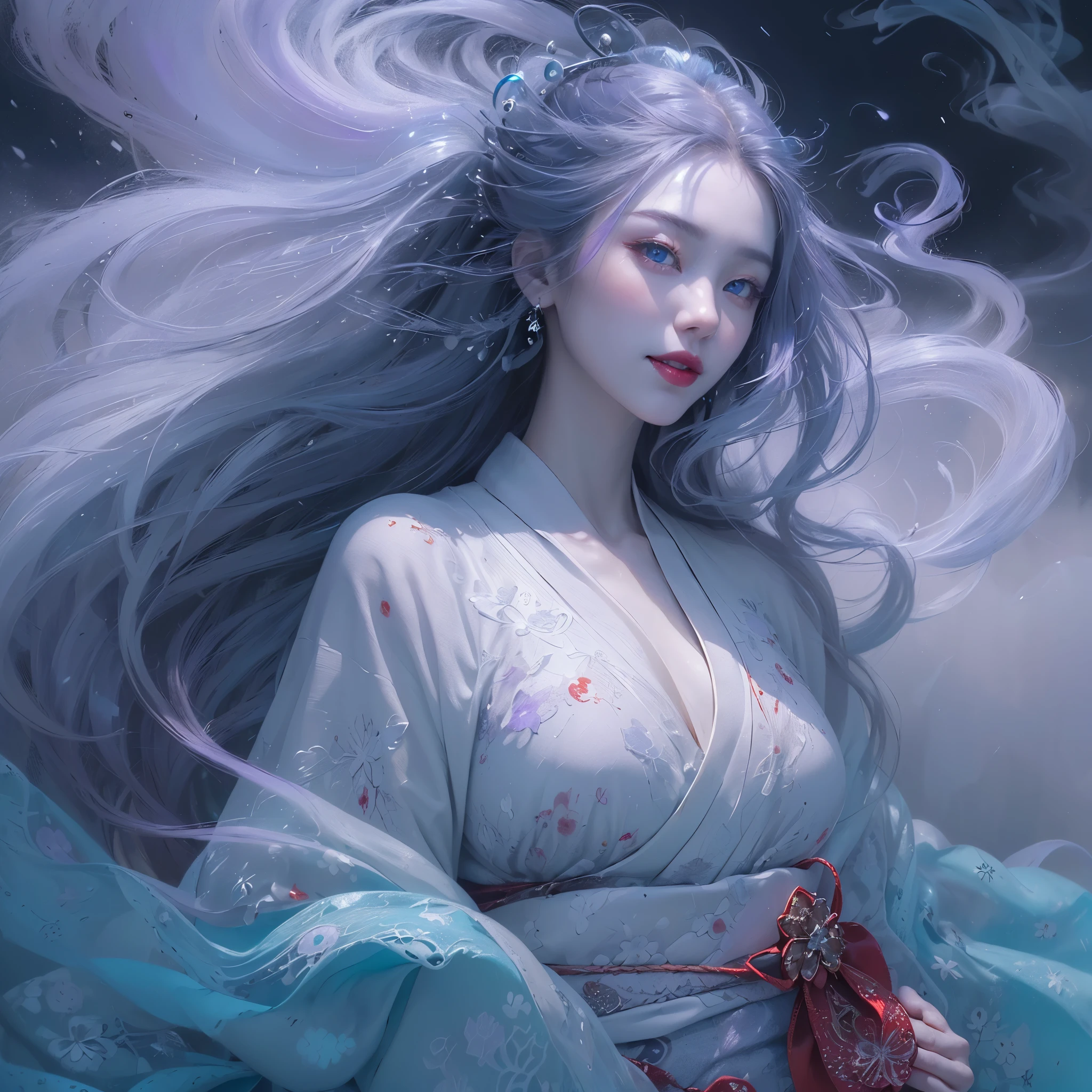 (Numerous award-winning masterpieces, with incredible detail, textures and maximum detail), (hyper realistic:1.4), (realistic:1.3), (Full body image:1.7), (upper body up:0.3), (transparent, strangely white skin with the highest quality realistic texture), (five perfect and beautiful fingers:1.8), (Yuki-onna in Japanese folk tales: 1.6), (Smiling with blood red lips: 1.7), (finely detailed true circle Symmetrical eyes), (Detailed and breathtakingly beautiful face: 1.6), (Image of aesthetic and decadent atmosphere: 1.6), (fair but beautiful skin and face: 1.6), (Beautiful long black hair fluttering in the wind:1.8), (wearing  decadent and delicately crafted accessories: 1.8), (Bio luminescent bright blue eyes: 1.7), (Depraved Beauty: 1.6), (A pair of blue eyes with strong blue light emitting from within:1.7), (The calm white old Japanese kimono that covers the whole body is quite damaged, but it is elegant and delicate: 1.8), (Less skin exposure:1.5), (Strong moonlight shining from overhead: 1.7), ((dramatic photo)), ((cinematic light)), (Full-length portrait:1.7), (looks up), (looking down), (dramatic pose), (smoke effects and bewitching light:1.4), beautiful white hair, beautiful silver hair, beautiful blonde hair, Wind Effects, Swirling snow, blizzard, winter storm, wind and rain, (Drifting purple smoke: 1.3), (A blizzard ice field, a quiet snow field on a moonlit night, Midnight snow town), (Dark nights, full moon nights, new moon nights), epic realistic, faded, ((neutral colors)), art, (hdr:1.5), (muted colors:1.2), hyper detailed, (art station:1.5), cinematic, warm lights, light effect, dramatic light, (intricate details:1.1), complex background, (Greg rutkowski:0.8), (teal and orange:0.4),