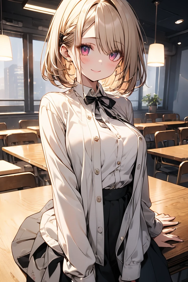 beautiful girl、Office Casual Fashion、ノースリーブのパーカー、チョーカー、ハンドカバー、Tight skirt style、slender、Model Body Type、Ideal Style、 Slim and cute、No buttons、Put on a bolero、One off-the-shoulder brown cardigan、JK、high school girl、髪を後ろで纏めている