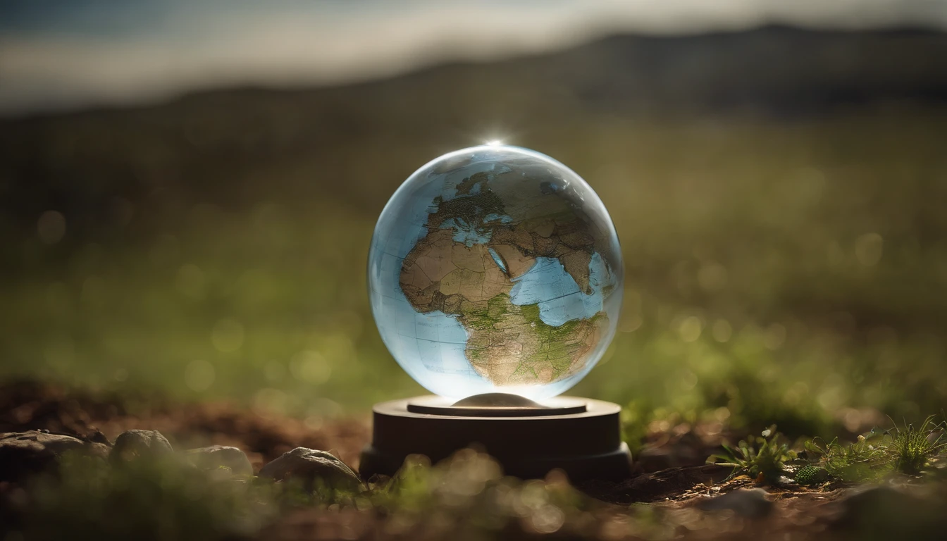A high-resolution image showcasing a detailed and realistic representation of a clear, transparent globe placed on the ground, symbolizing the importance of environmental transparency and sustainability on Earth Day.
