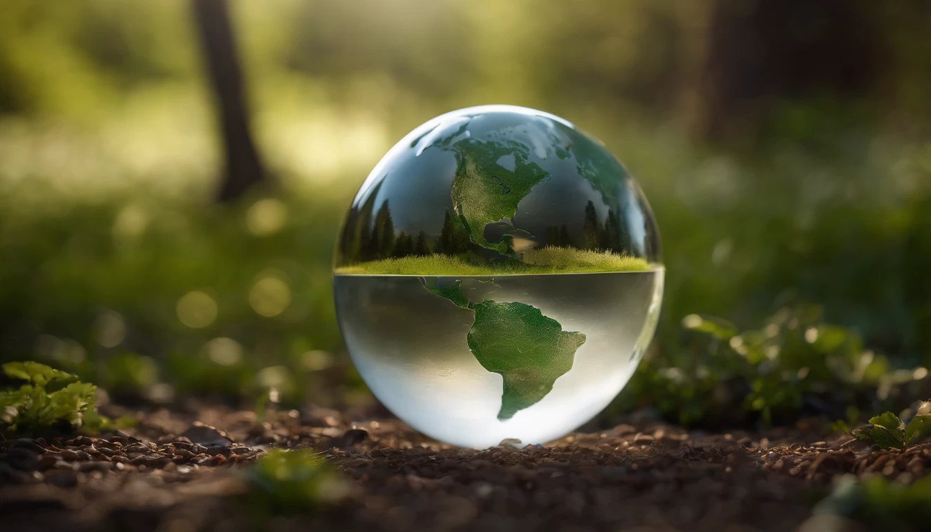 A high-resolution image showcasing a detailed and realistic representation of a clear, transparent globe placed on the ground, symbolizing the importance of environmental transparency and sustainability on Earth Day.