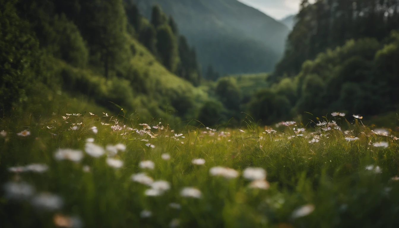 An aesthetic wallpaper featuring a vibrant and visually captivating composition of a transparent world placed on a grassy landscape, with lush greenery and blooming flowers, representing the harmony between nature and sustainability.