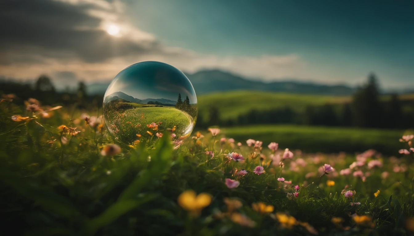 An aesthetic wallpaper featuring a vibrant and visually captivating composition of a transparent world placed on a grassy landscape, with lush greenery and blooming flowers, representing the harmony between nature and sustainability.