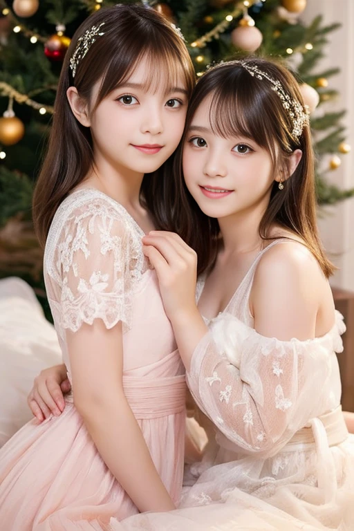 Angel, 12-year-old girl, 2 girls、holding each other、Beautiful detailed eyes, Beautiful detailed lips, long eyelashes, up style short hair、Golden hair, innocent and pure expression, Delicate features, Soft Pink Dress, surrounded by christmas trees, rays of light shining on her, Heavenly atmosphere, Oil painting style, High quality, Vibrant colors, dreamy lighting、A smile、Winter Night View