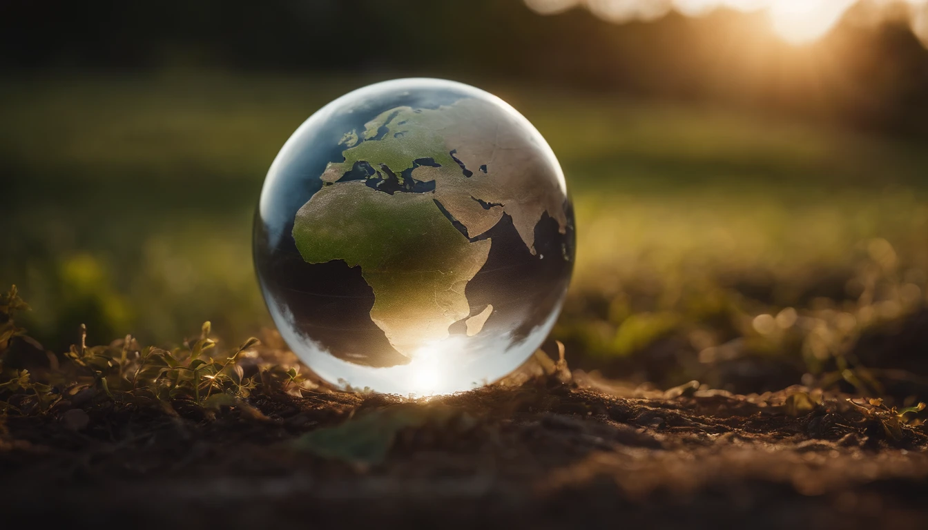 A detailed and realistic image showcasing the intricate details of a clear, transparent globe resting on the ground, with a soft, diffused lighting that adds depth and realism to the concept of a sustainable world.