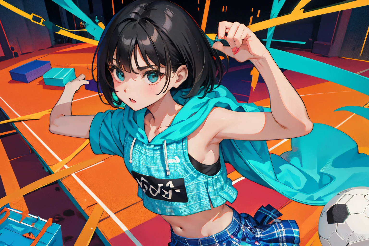 child，（​masterpiece，Highest Quality），turquoise short sleeve hoodie，Crop Top Look，Plaid mini skirt，A dark-haired，World of toys