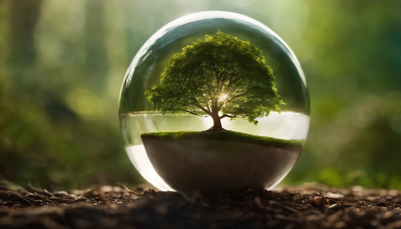 An artistic representation of a transparent globe placed on the ground, with delicate roots emerging from the bottom, intertwining with the Earth, symbolizing the connection between sustainability and the health of our planet.