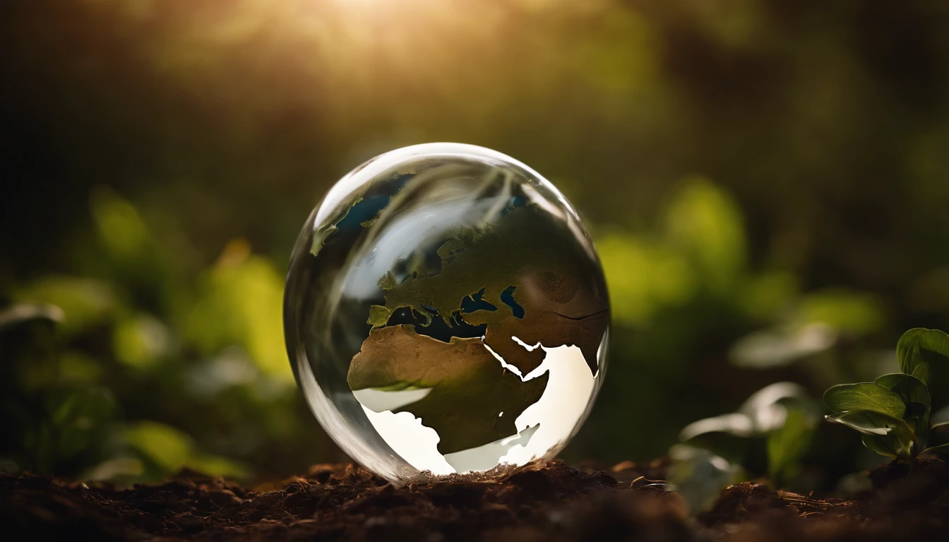 An artistic representation of a transparent globe placed on the ground, with delicate roots emerging from the bottom, intertwining with the Earth, symbolizing the connection between sustainability and the health of our planet.