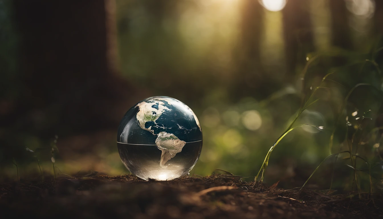 An artistic representation of a transparent globe placed on the ground, with delicate roots emerging from the bottom, intertwining with the Earth, symbolizing the connection between sustainability and the health of our planet.