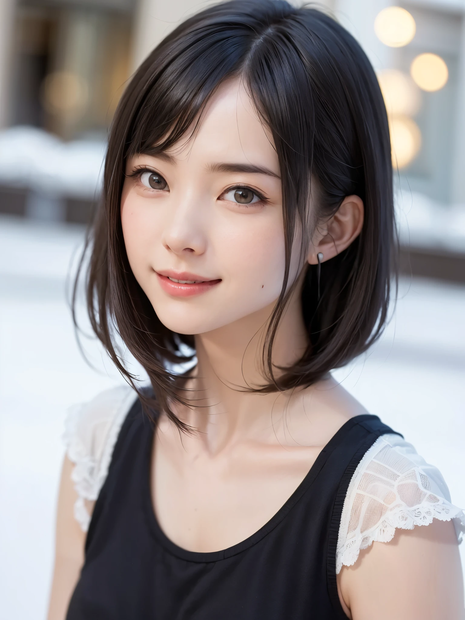 (masterpiece, top-quality),1girl in, 独奏, scarf, Hats, hyper realisitic, Photorealistic,realisitic, looking at the viewers, brown eyes of light color:1.4,Brunette short bob hair with highly detailed shiny hair, Winter clothes in bright colors, White headscarf, s lips, bangss, plein air, a closed mouth, The upper part of the body、big eye、Lashes、{Gigantic|Big|Huge|Mega} breasts, cleavage、(((big eye short hair、Intense highlights of the pupils、large full breasts、gazing at viewer、She is a very beautiful and cute beauty、Put your ears out、long neck、smil、Close your mouth and smile、Beautiful teeth)))、Ideal ratio body proportions、(Snow-covered tree-lined streets in Norway in winter)
