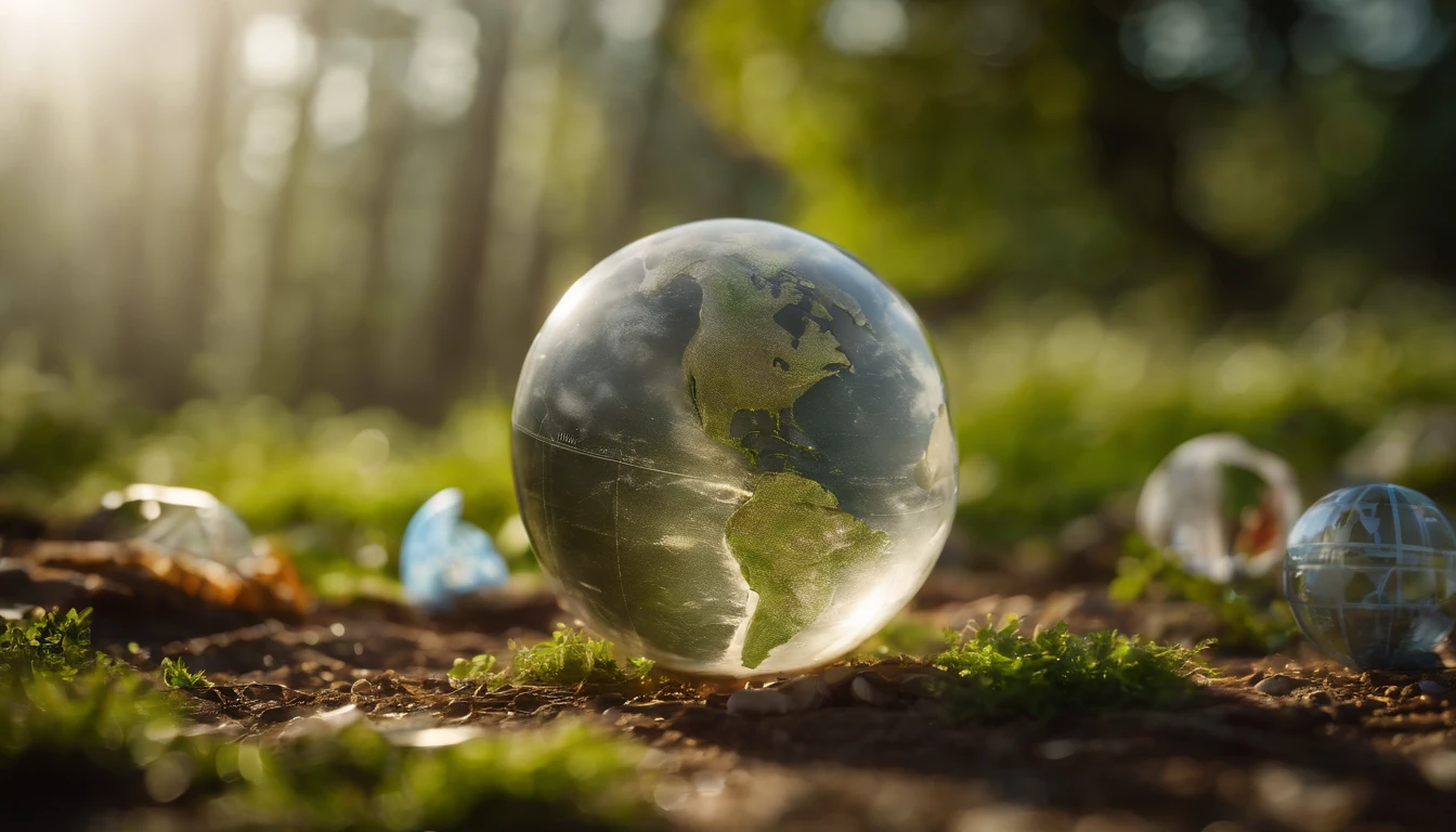 A high-resolution image showcasing the transparent globe placed on the ground, surrounded by recycling symbols and icons, emphasizing the importance of sustainable practices and recycling on Earth Day and beyond.