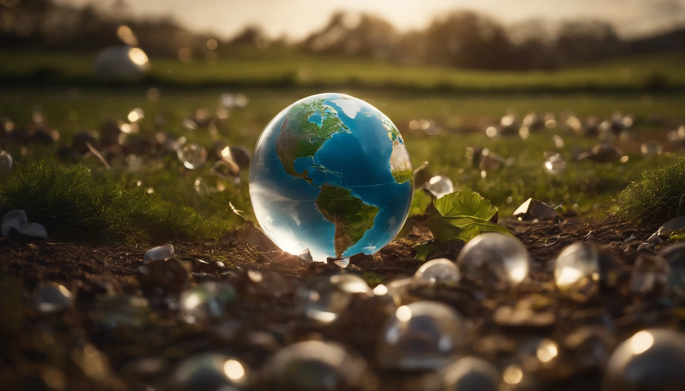 A high-resolution image showcasing the transparent globe placed on the ground, surrounded by recycling symbols and icons, emphasizing the importance of sustainable practices and recycling on Earth Day and beyond.