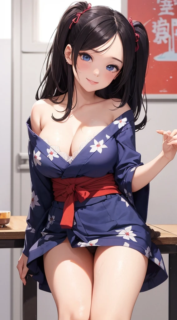 8K quality、quality、On a table、super high image quality、ultra - detailed、Surreal hair texture with colorful women full of energy、long beautiful hair、shinny hair、Delicate hair、blue mesh、pony tails、eBlue eyes、Skin glows、lace underwear big breasts、Diagram of mole on chest、large pecs、The chest is particularly large、Sweaty forehead and cheeky off-shoulder yukata、A smile、soft pink lips、Surreal sensibility、Reddening cheeks、summer festival background