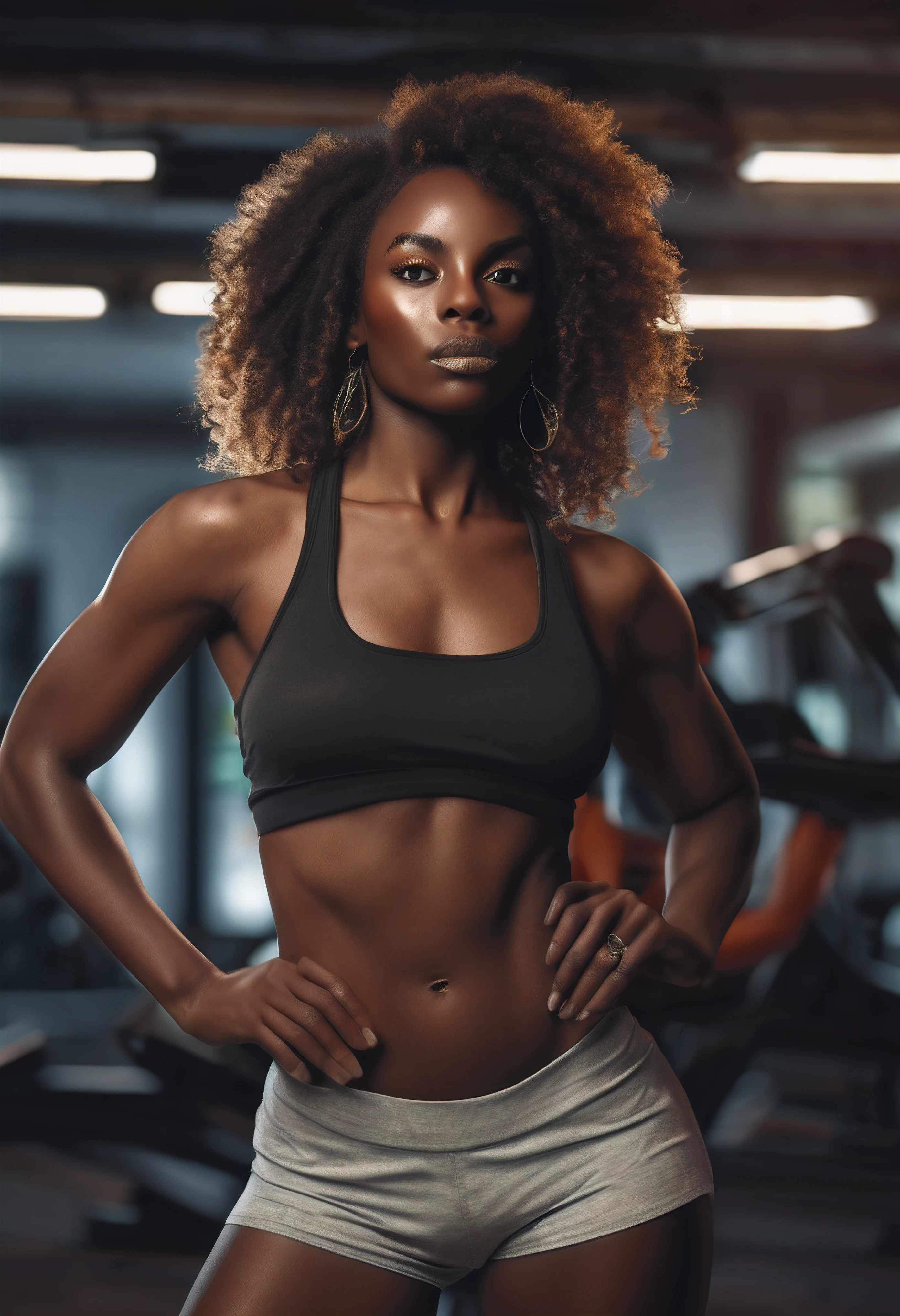 (best quality,4k,8k,highres,masterpiece:1.2), dark skin African women, in sexy gym shorts, beautiful detailed eyes, beautiful detailed lips, fit and confident, strong and graceful, intense focus and determination, vibrant colors, studio lighting, ultra-detailed, realistic, physiognomy, expressive face, curly hair flowing, bold poses, blurred background.