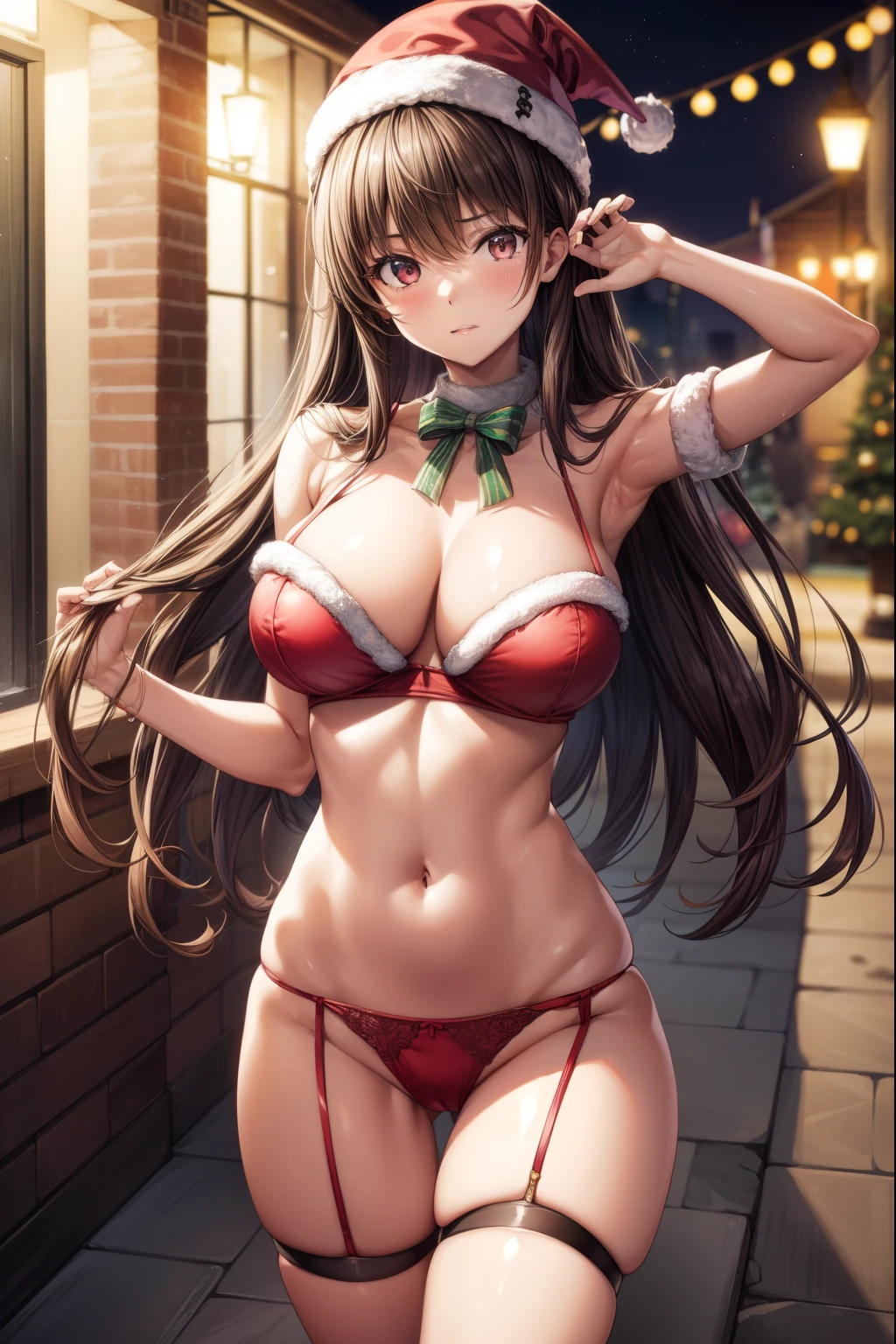 cuerpo completo , grandes tetas, gran trasero, voluptuoso, piernas abiertas , pose sexy , escote , Christmas hat , Christmas Clothes, nieve , christmas red lingerie