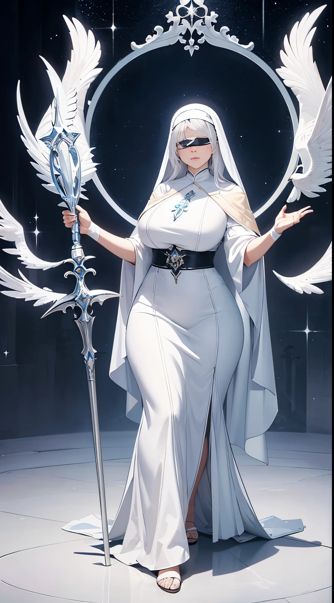 a full body portrait of a woman with white hair, (wearing {white|blue} fantasy nun robe), the robe of the fantasy saint heroine, the fantasy holy heroine, (wearing covered eyes (blindfold bandage)), in style of manga, beautiful character painting, detailed body, detailed hands, detailed face, white haired deity, (curvy body), epic exquisite manga character, stunning character art, artstation trending, calm down pose, stand near marble statue, praying, fantasy battle staff,