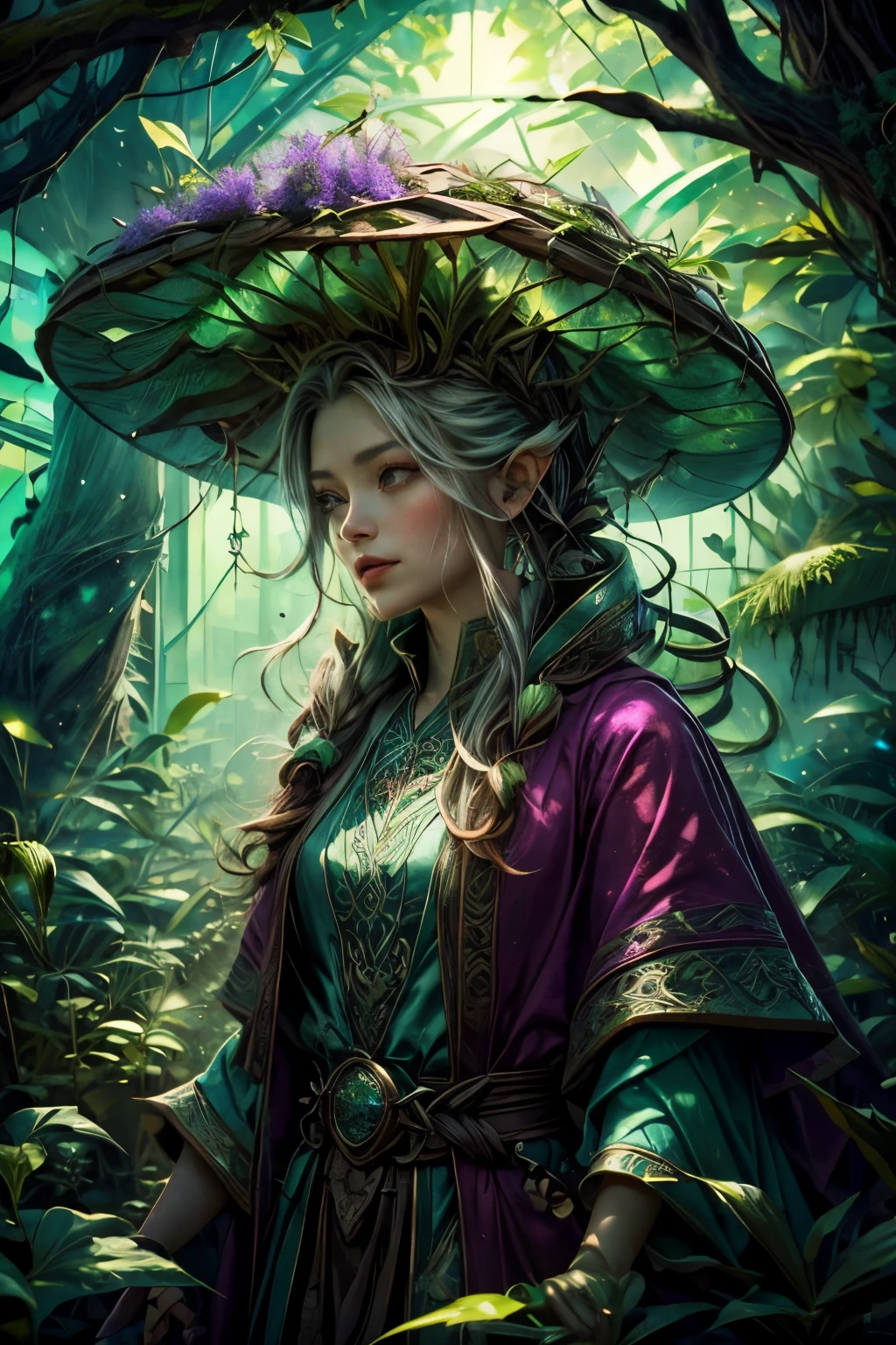 (tmasterpiece:1), (Best quality at best:1), hight contrast, intense shading, contours, 1 girl, icelandic woman, freckle, Silver Eyes, brown double diamond hair,
Focus on character, sportrait, Alone, half shot, looking-down, detailedbackground, 详细的脸, (德鲁伊magiaAI, druidic theme:1.1), Serving, botanist, roots, magiaal plants, Colorful plants, greenhouse effect, magia, healing magia, Green color scheme, Cogumelos, botanical garden in background, magiaal atmosphere,