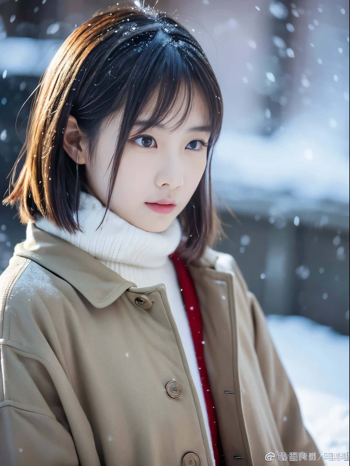 top-quality、​masterpiece、超A high resolution、Raw photography、(Photorealsitic:1.4)、女の子1人、While watching the snow falling quietly. Her introspective and tearful expression、Makes you feel longing for winter nights and melancholy。。。。。。。、top-quality、hyper HD、奈良美智, Japanese Models, Beautiful Japan wife, With short hair, 27yo女性モデル, 4 k ], 4K], 27yo, sakimichan, sakimichan