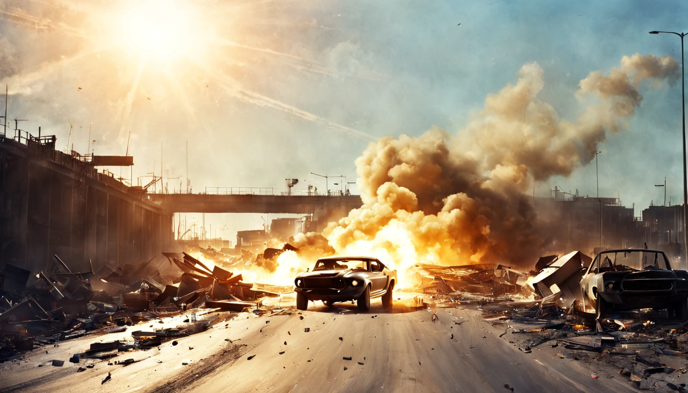 Construction Site Chaos: The chase leads to a highway under construction.
Explosions and Destruction: Amidst construction materials and machinery, there are explosions, debris flying, and dramatic destruction as the chase becomes more chaotic. night, cinematic, lens flare, good angle, 1969 Ford Mustang.