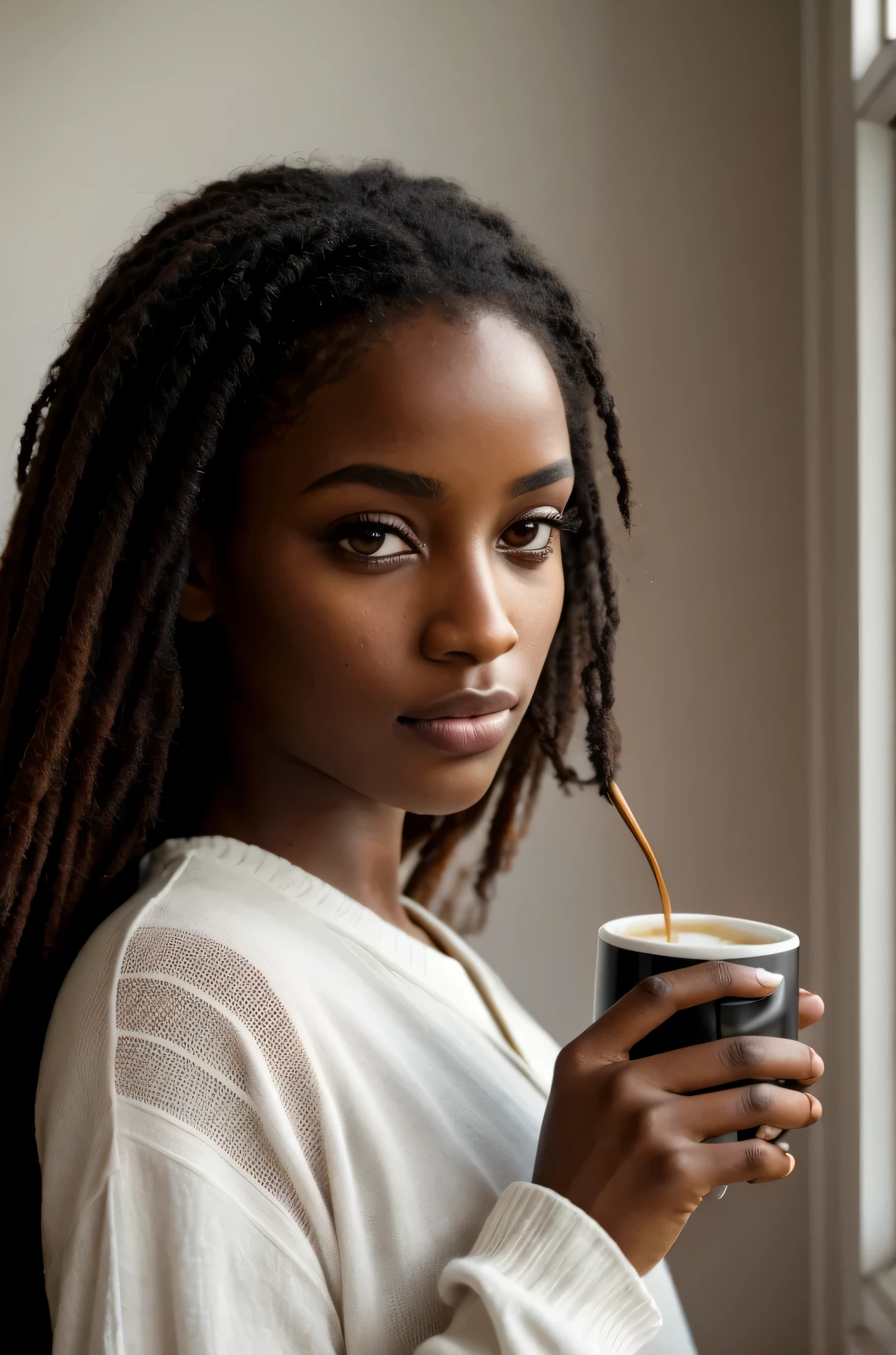 (8k, Photo brute, Highest quality), Beautiful Ebony Girl, corps entier, Poils sarcelle, yeux sarcelle, triste, gros plan, robe, (detailled eyes:0.8), (looking at the camera:1.4), (Highest quality), (meilleure ombre), Intricate details, interior, Warm Light, muted colors, (Contraste To8Style), Standing while drinking coffee