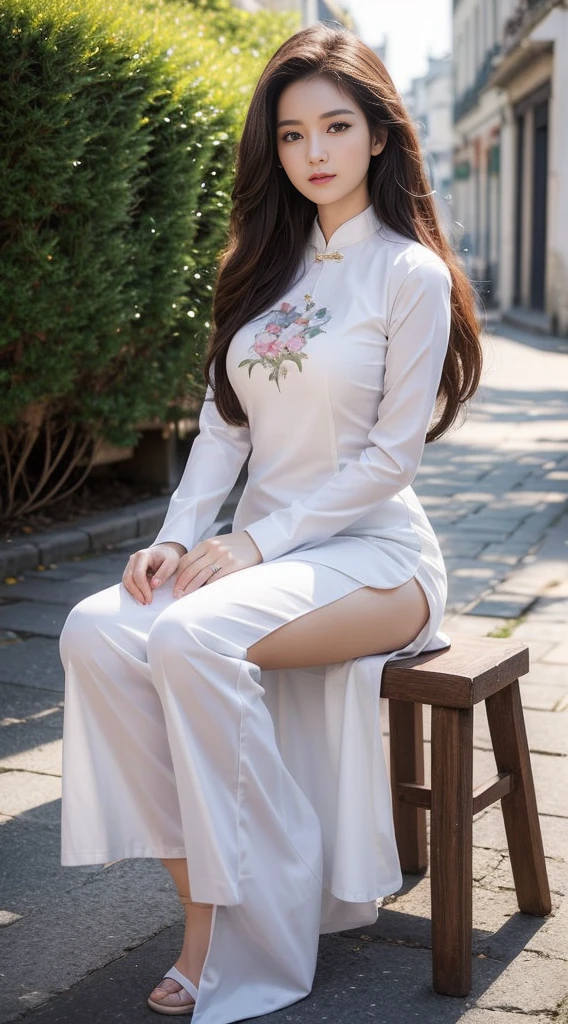 bestquality,masterpiece,ultra-high resolution,(photorealistic portrait:1.4),1 girl, bara,A Beautiful Girl , 18-20 years old , long-haired, long-hairedมาก, Wearing a white Ao Dai outfit. , Full body portrait , art style , bright lighting , Posing on the streets of Paris , Shot with a Canon EOS 5D Mark IV camera., By adjusting the light to be softer.
