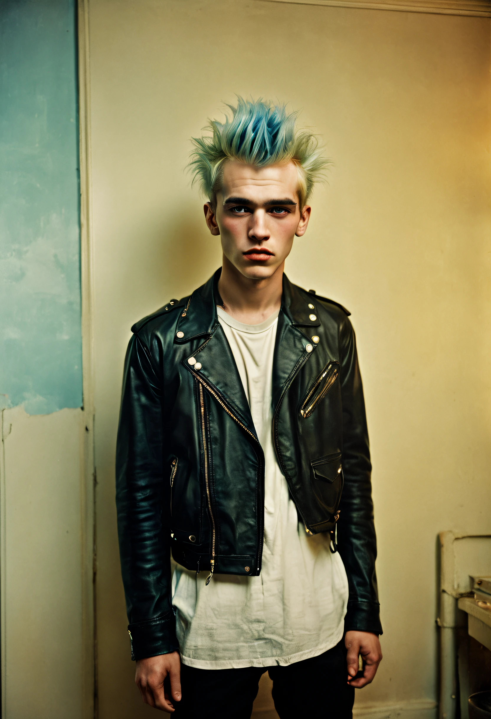 1980s Kodak photo of a young 20 year old punk rock guy with blue blonde hair wearing a white shirt and black leather jacket, in a New York apartment, photography by nan goldin, by william eggleston, faded, film grain, cross processed image