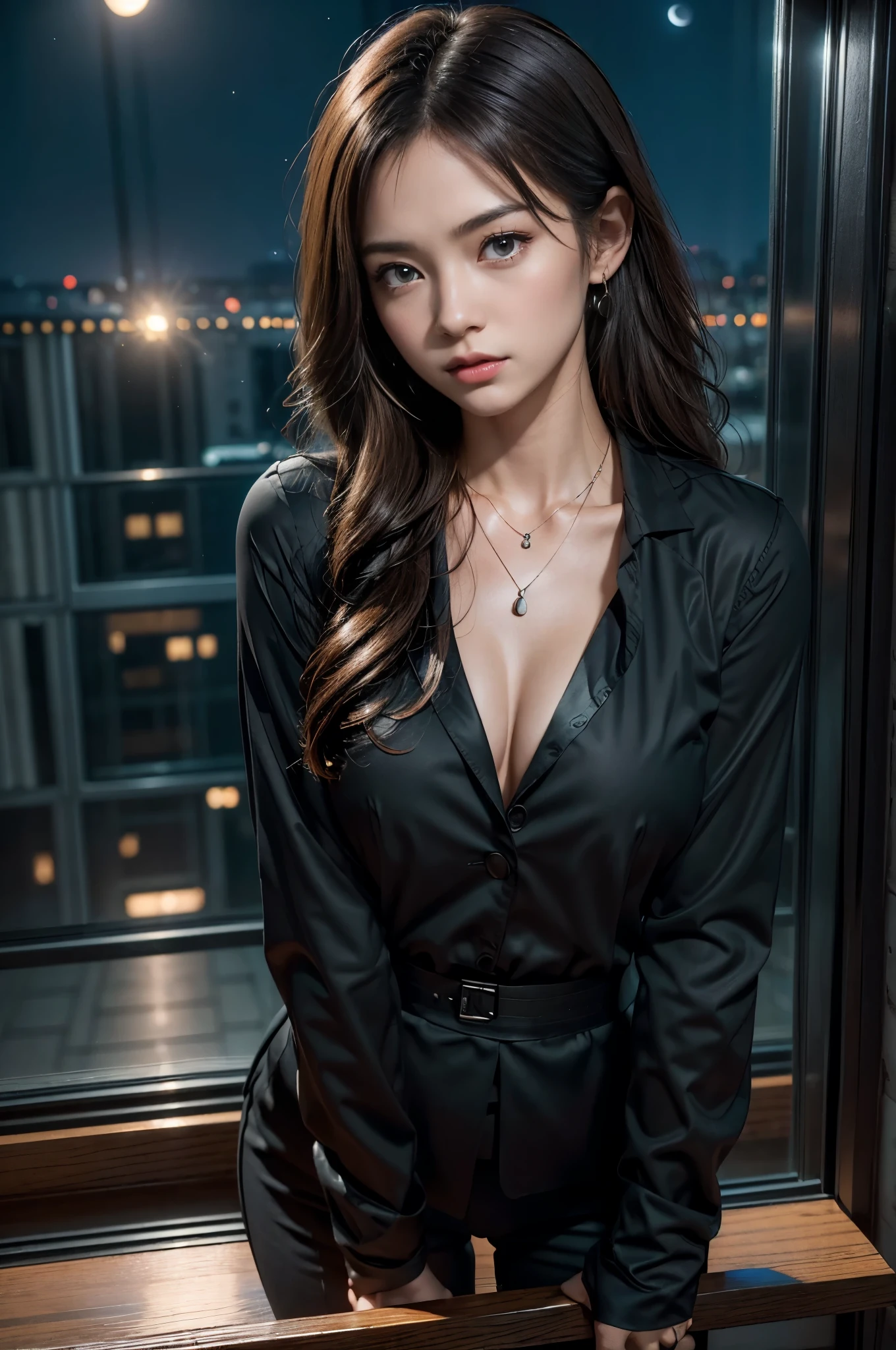 (Photoreal Stick:1.5, masutepiece:1.5, 8K), (top-quality, masterpiece, 超A high resolution), Perfect dynamic composition, Professional camera work:1.4, Highly detailed skin and facial texture:1.3, Mystical portrait:1.3, Grow Light Effect, The ultra-detailliert, 1girl in, ((Night view from inside the building, Pitch black room, Dark atmosphere, The moonlight at night shines through the glass)), ((v neck shirt black tailored suit suit jacket)), Model body type, Clear face, Beautiful and detailed eyes, ((Enraptured look, i love you completely)), A mouthfeel that feels beautiful eros, Dark brown medium hair, the chest is medium, a necklace, ((Leaning against the window))