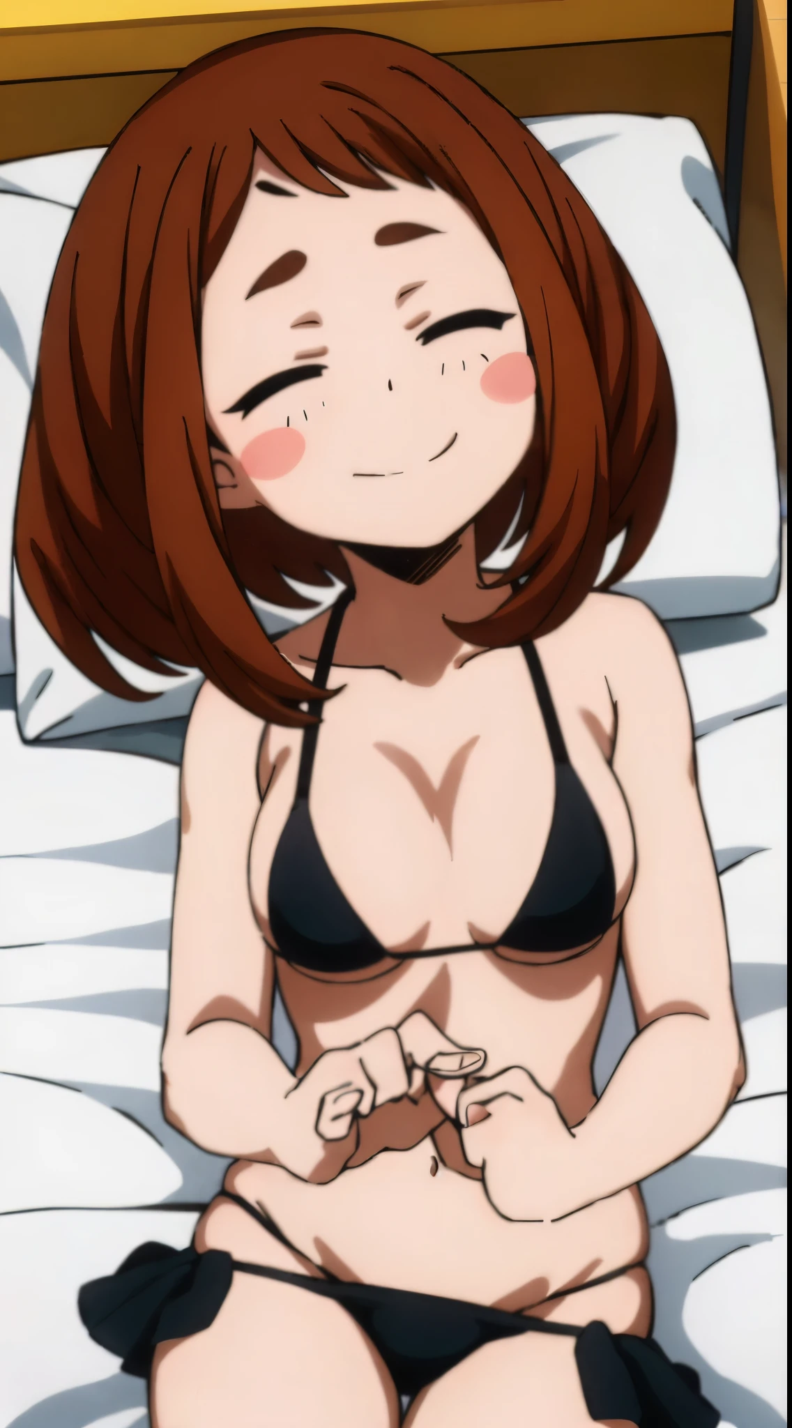 Uraraka Ochako、Black Micro Bikini、A room in a hotel、Sleeping in bed、Tempting、ssex、