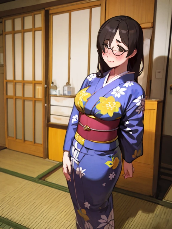 Stema Peace、hanekawa tsubasa、attack of glasses、A dark-haired、large boob、 (Black hair, Brown eyes, Round face), (nose blush, half opened eye),, [Full body shot]、eye glass、Head-to-toe shots、A dark-haired、wearing kimonos、The neck and hem are exposed、Her breasts are bound over her kimono....、