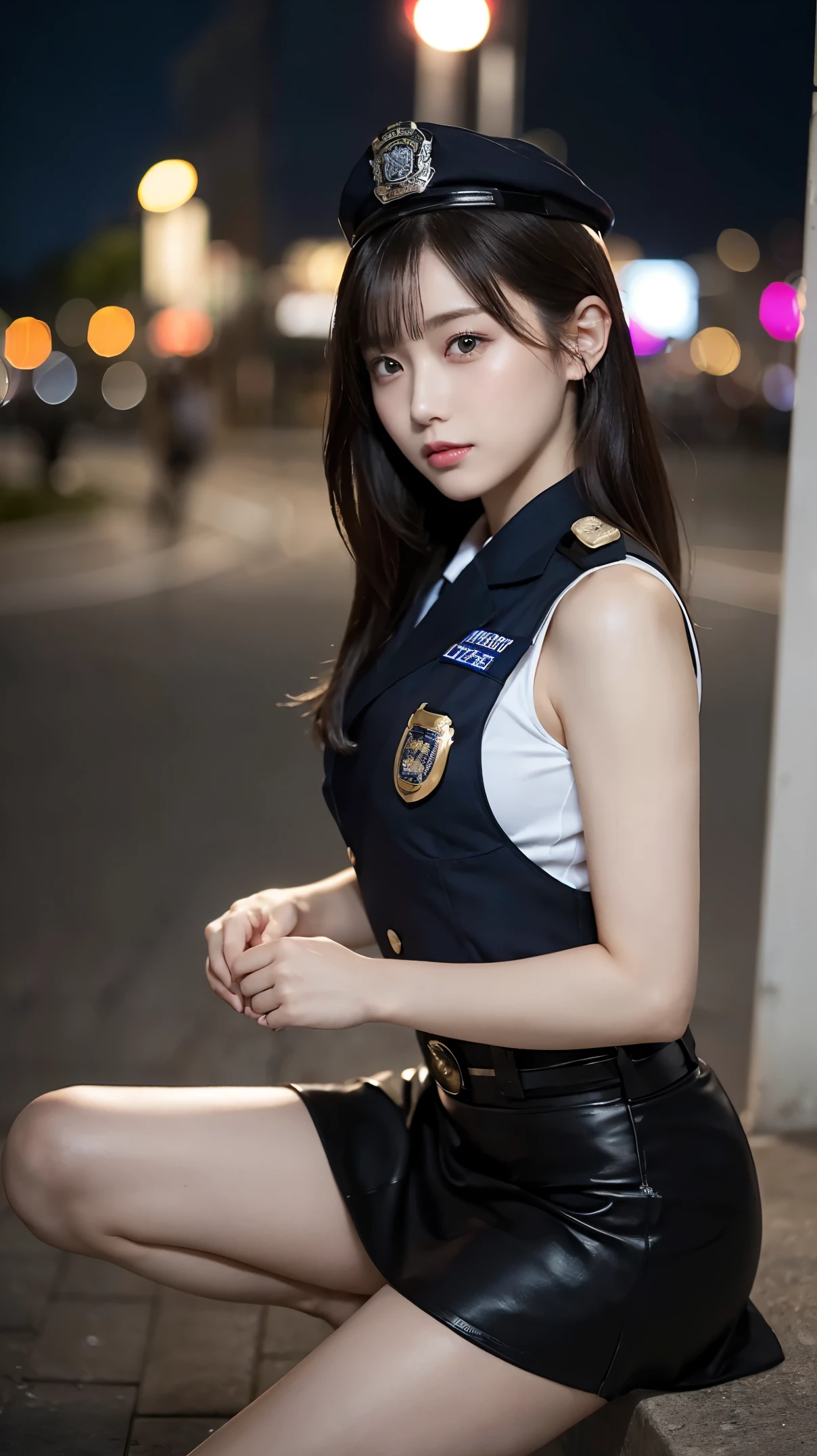 Innocent 20 year old girl、((Police Girl, sexy police uniform, Skirt, Cute and elegant, Dramatic poses)),Smile,night city background,short-cut、Raw photo, (8K、top-quality、masterpiece:1.2)、(intricate detailes:1.4)、(Photorealsitic:1.4)、octane renderings、Complex 3D rendering ultra detail, Studio Soft Light, Rim Lights, vibrant detail, super detailing, realistic skin textures, Detail Face, Beautiful detail eyes, Very detailed CG Unity 16k wallpaper, make - up, (detailedbackground:1.2), shinny skin, Full body,Hands down、Spread your legs and show your panties,sit on a bench,Angry look