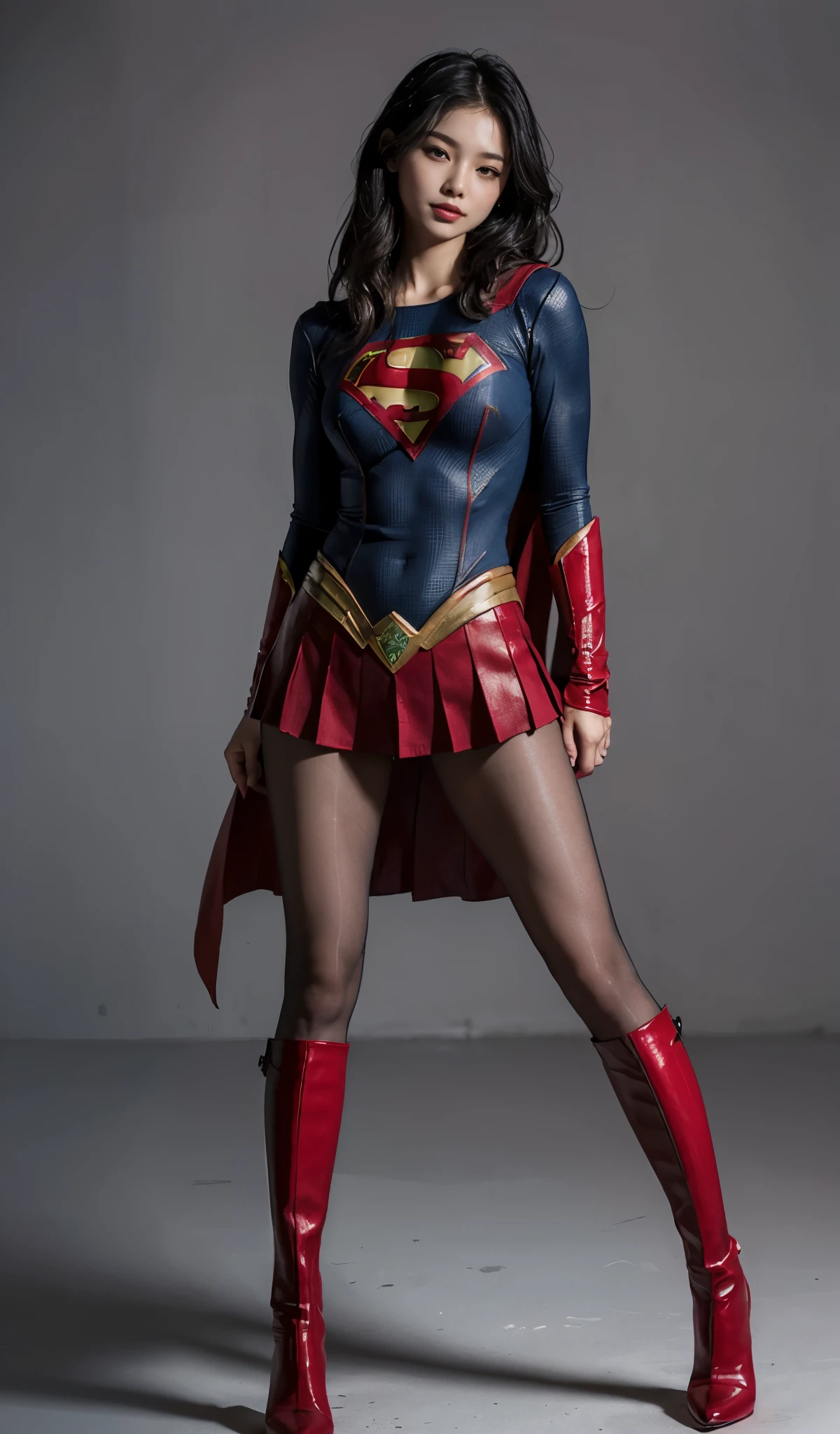 Are sleeping、lying back on、(((Wear black tights on your beautiful legs.)))、(((Grow legs、tall、Legally express the beauty of your smile)))、((((Make the most of the original image)))、(((Supergirl Costume)))、(((beautiful hairl)))、(((Suffering)))、(((Feet must necessarily be worn with black tights)))、(((You need to wear red boots)))、((Top image quality、8K))、((top-quality、8K、​masterpiece:1.3))、(((Keep Background )))、Crisp focus:1.2、Beautiful woman with perfect body shape:1.4、Slender Abs:1.2、a wet body:1.5、Highly detailed facial and skin texture、8K