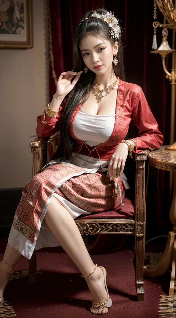 (Realistic:1.3), insane details, quality, (master-piece:1.2), (ภาพRealistic:1.2), (qualityที่ดีที่สุด), (Detailed skin:1.3), (intricate detailed), ray tracing, ((Full body)), ((1woman)), (((1man))), 18-20 years old, ((long-haired, Very long.)), smile, Red Dresses, red inner shirt, patterned skirt, Contrast color between dress and skirt, skirt pattern, earrings, necklace, Javanese jewelry, (blurred background), Eyes on camera, breast cleavage, huge breast,, Beautiful breast, Big breast augmentation, elongated legs
