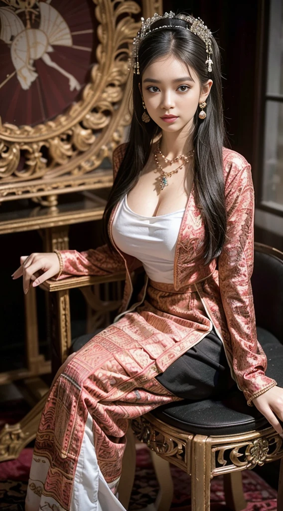 (Realistic:1.3), insane details, quality, (master-piece:1.2), (ภาพRealistic:1.2), (qualityที่ดีที่สุด), (Detailed skin:1.3), (intricate detailed), ray tracing, ((Full body)), ((1woman)), (((1man))), 18-20 years old, ((long-haired, Very long.)), smile, Red Dresses, red inner shirt, patterned skirt, Contrast color between dress and skirt, skirt pattern, earrings, necklace, Javanese jewelry, (blurred background), Eyes on camera, breast cleavage, huge breast,, Beautiful breast, Big breast augmentation, elongated legs