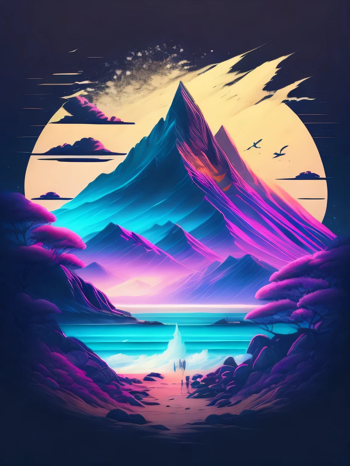 Ein Strand in einer Landschaft, T-Shirt-Design, Midjourney, Vektorgrafik, Hydro74, Cyberpunk,