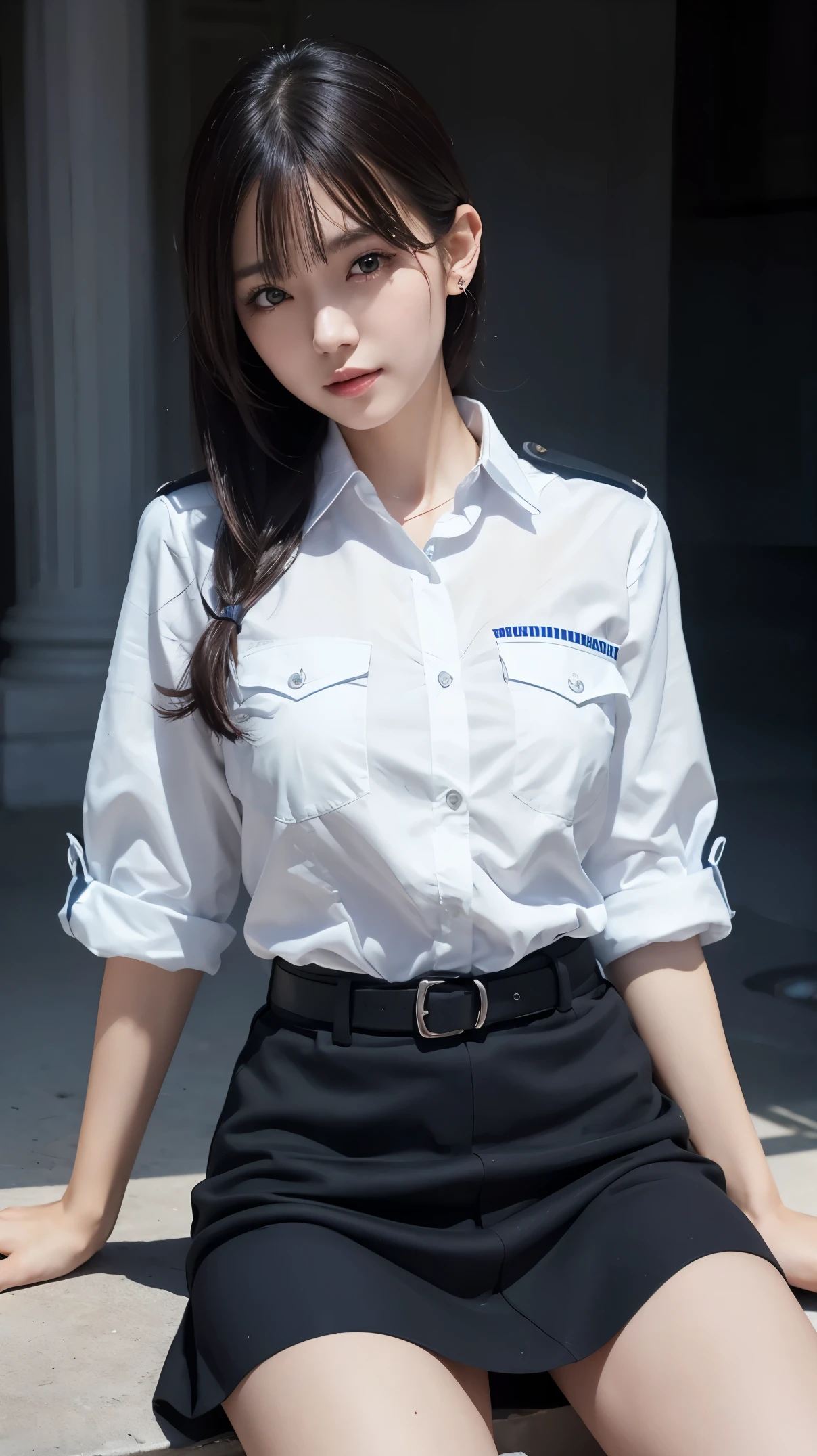 Innocent 20 year old girl、((Japan Police Officer, sexy police uniform, Skirt, Cute and elegant, Dramatic poses)),Smile,night city background,short-cut、Raw photo, (8K、top-quality、masterpiece:1.2)、(intricate detailes:1.4)、(Photorealsitic:1.4)、octane renderings、Complex 3D rendering ultra detail, Studio Soft Light, Rim Lights, vibrant detail, super detailing, realistic skin textures, Detail Face, Beautiful detail eyes, Very detailed CG Unity 16k wallpaper, make - up, (detailedbackground:1.2), shinny skin, Full body,Hands down、Spread your legs and show your panties,sit on a bench