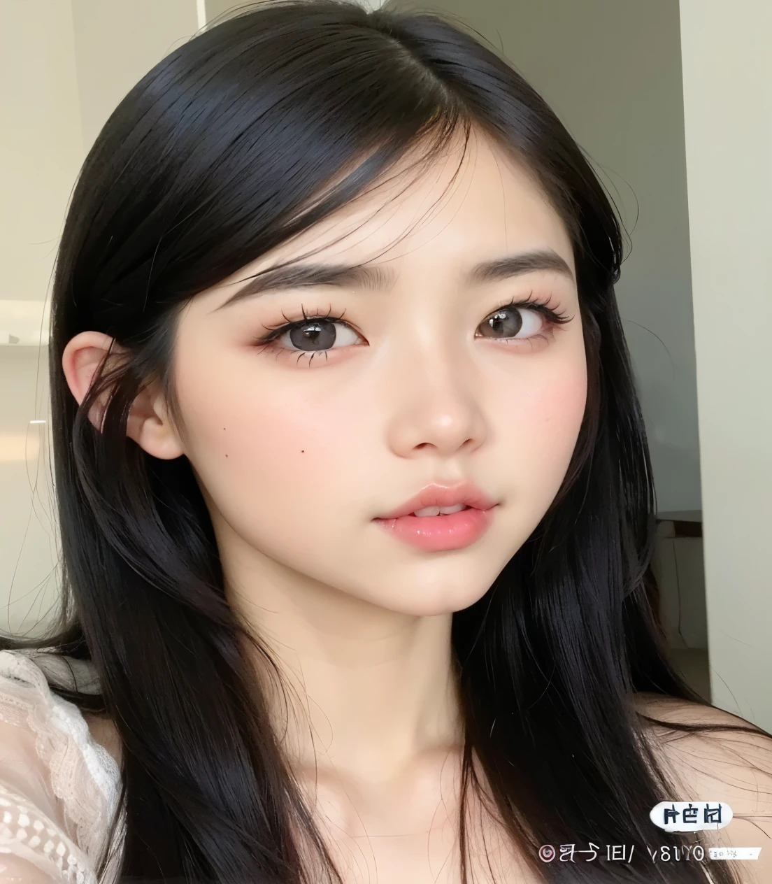 A closeup of a woman with long black hair and a pink lip, maquiagem sul-coreana popular, maquiagem coreana popular, beautiful aesthetic face, wan adorable korean face, young adorable korean face, clear lips and high quality, Mulher sul-coreana bonita, korean face features, dilraba dilmurat, young cute wan asian face, pale porcelain white skin, Ulzzang