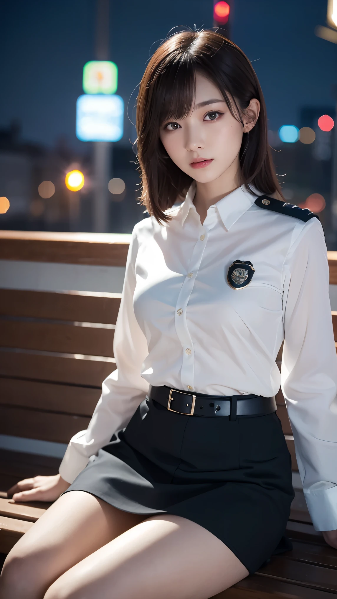 Innocent 20 year old girl、((Police Girl, sexy police uniform, Skirt, Cute and elegant, Dramatic poses)),Smile,night city background,short-cut、Raw photo, (8K、top-quality、masterpiece:1.2)、(intricate detailes:1.4)、(Photorealsitic:1.4)、octane renderings、Complex 3D rendering ultra detail, Studio Soft Light, Rim Lights, vibrant detail, super detailing, realistic skin textures, Detail Face, Beautiful detail eyes, Very detailed CG Unity 16k wallpaper, make - up, (detailedbackground:1.2), shinny skin, Full body,Hands down、sit on a bench,Angry look