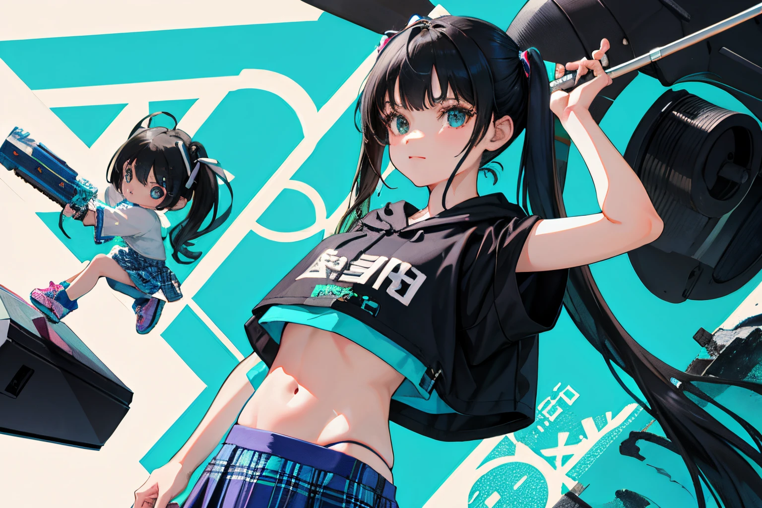 child，（​masterpiece，Highest Quality），turquoise short sleeve hoodie，Crop Top Look，Plaid mini skirt，Black hair with long twin tails，World of toys