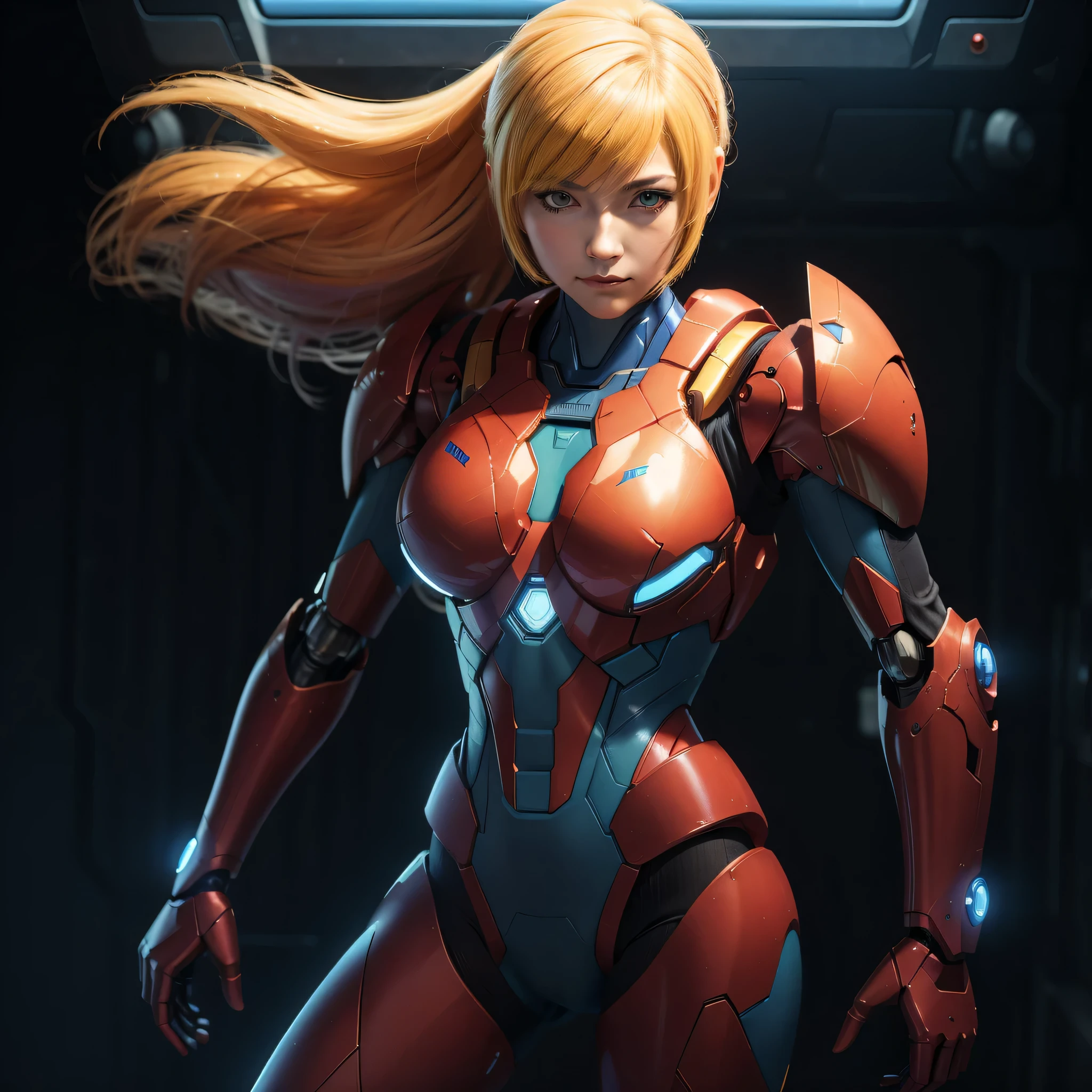 there a woman that standing in front of a wall, elle fanning as an android, portrait of beautiful samus aran, album art, hyper realistic sci fi realistic, highly detailed vfx portrait, symmetrical portrait scifi, sci - fi look, beutiful white girl cyborg, woman and robot, portrait of a sci - fi woman, inspired by Vincent Lefevre