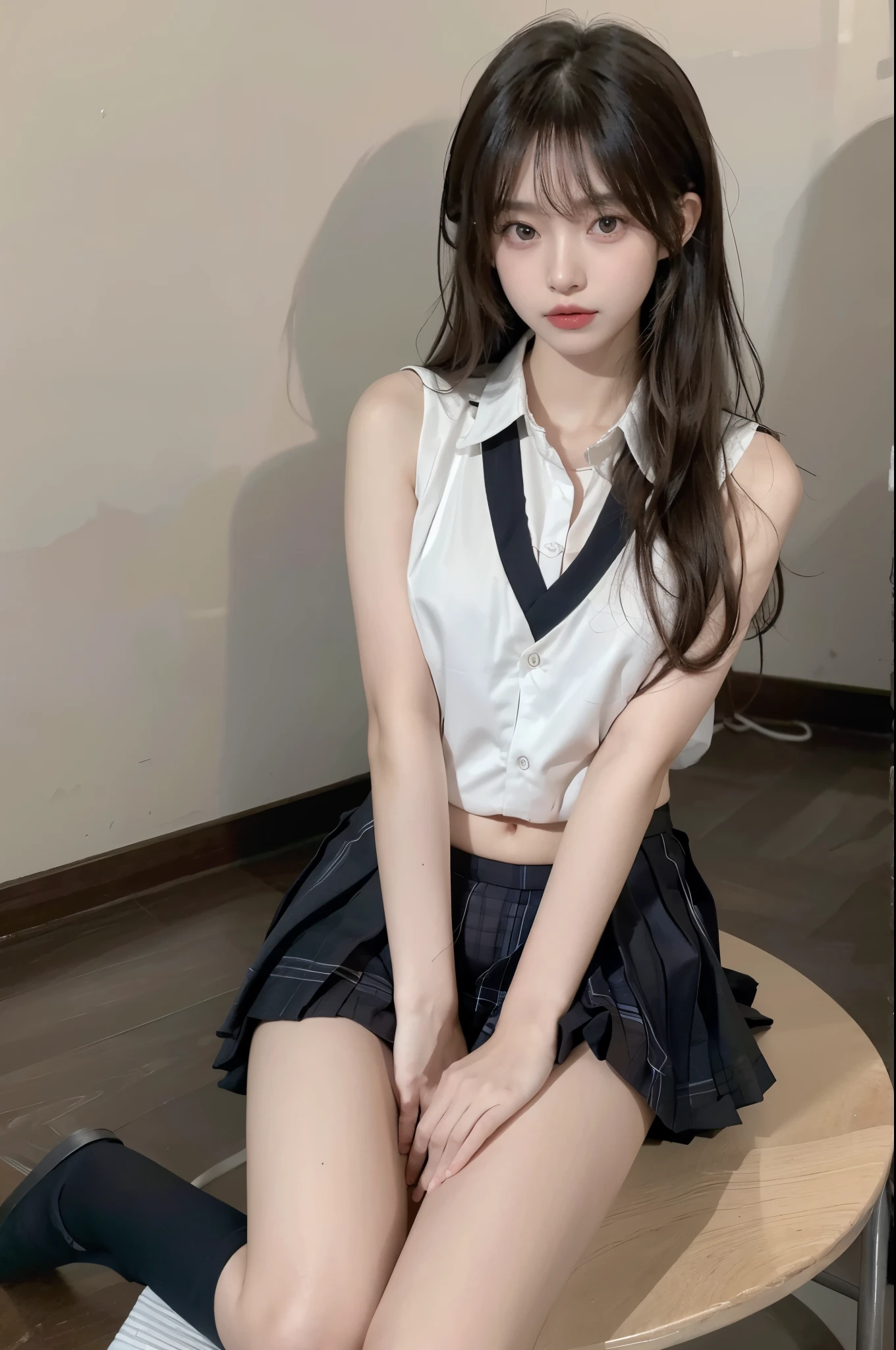 masterpiece, best quality, (realistic, photo-realistic:1.4), (RAW photo:1.2), extremely detailed CG unity 8k wallpaper, an extremely delicate and beautiful, amazing, finely detail, official art, absurdres, incredibly absurdres, huge filesize, ultra-detailed, extremely detailed, beautiful detailed girl, extremely detailed eyes and face, beautiful detailed eyes, light on face, 1girl, long hair, disheveled hair, ((long wavy hair)), solo, cute, looking at viewer, (perfect female figure), narrow waist, full body, huge breasts, standing, microskirt, miniskirt, plaid skirt, navel, midriff, sleeveless shirt, bare arms, bangs, school, classroom, ulzzang-6500-v1.1,