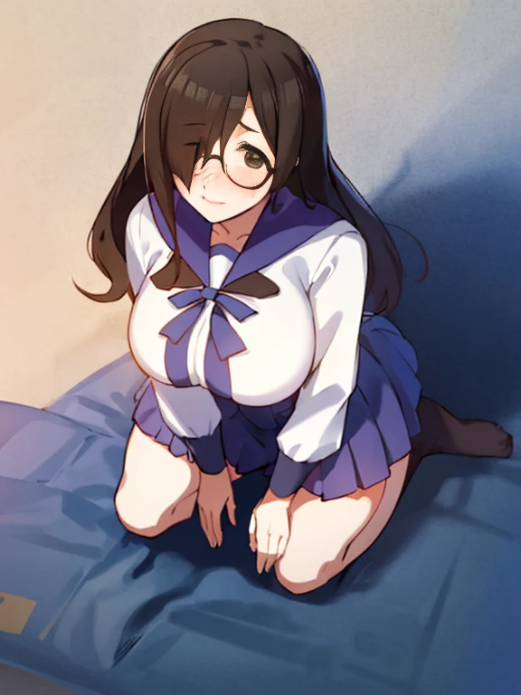 Stema Peace、hanekawa tsubasa、attack of glasses、A dark-haired、large boob、 (Black hair, Brown eyes, Round face), (nose blush, half opened eye),, [Full body shot]、eye glass、Head-to-toe shots、A dark-haired、her breasts are tied....、