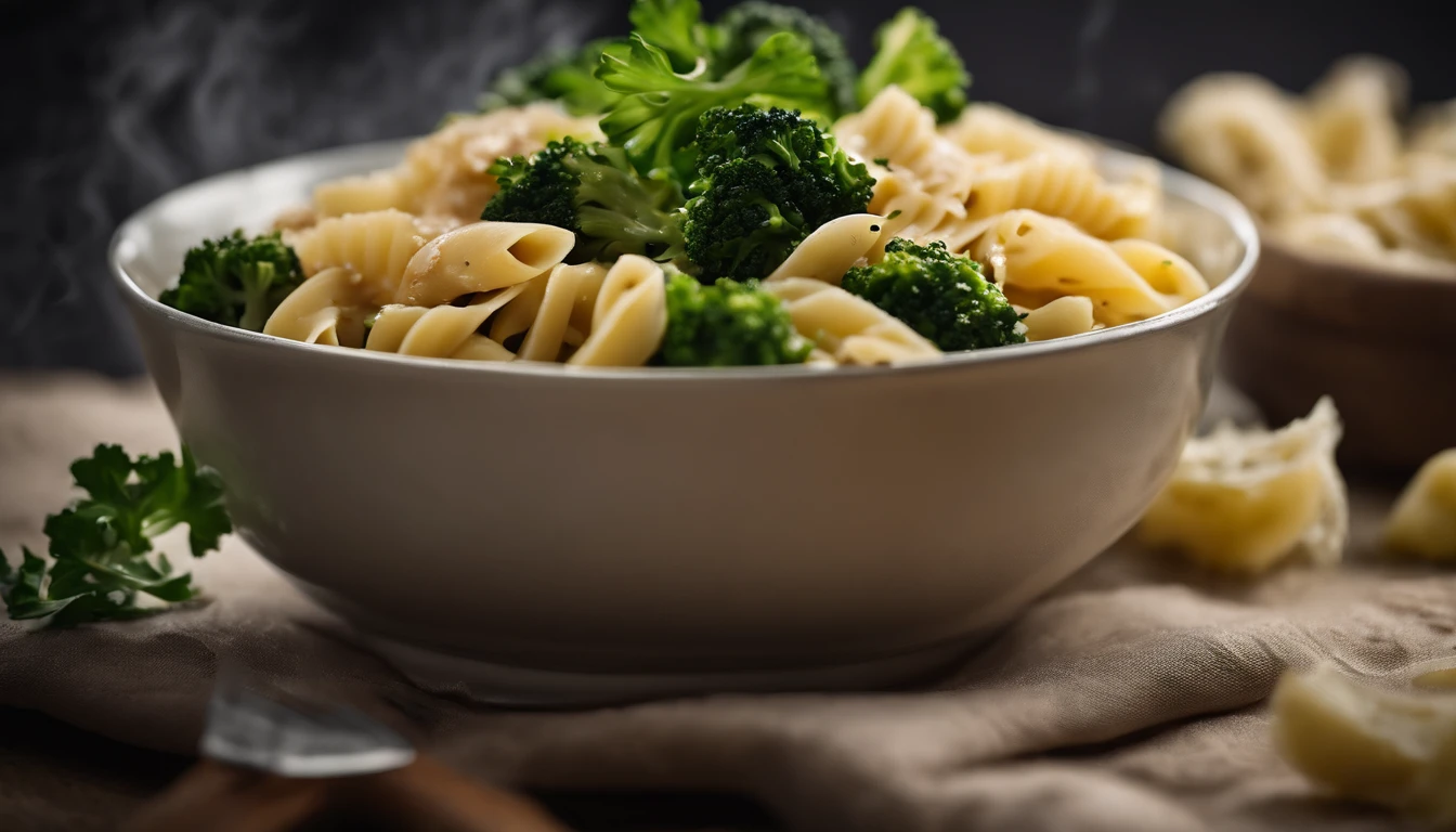 A high-resolution image showcasing a close-up of a plate of Italian pasta with perfectly cooked chicken and vibrant green broccoli, garnished with fresh herbs and a sprinkle of grated Parmesan cheese, capturing the deliciousness and visual appeal of the dish.