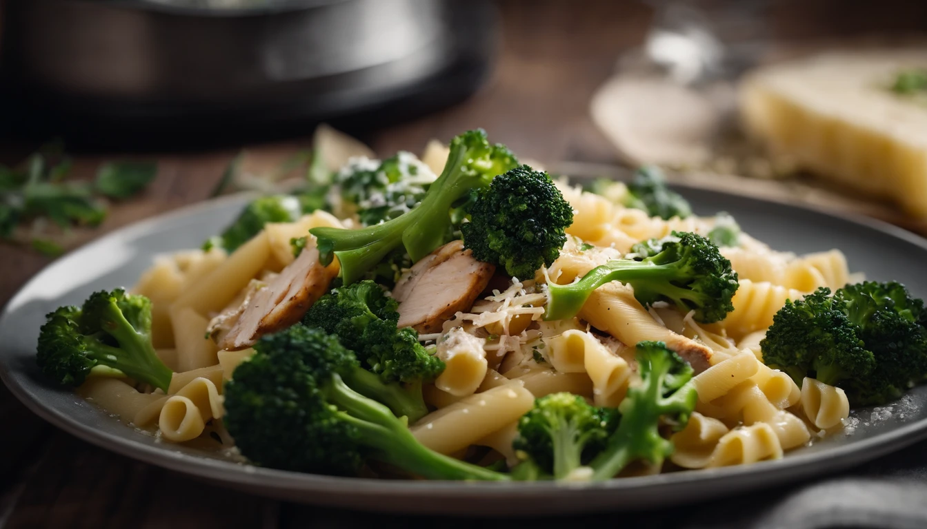 A high-resolution image showcasing a close-up of a plate of Italian pasta with perfectly cooked chicken and vibrant green broccoli, garnished with fresh herbs and a sprinkle of grated Parmesan cheese, capturing the deliciousness and visual appeal of the dish.
