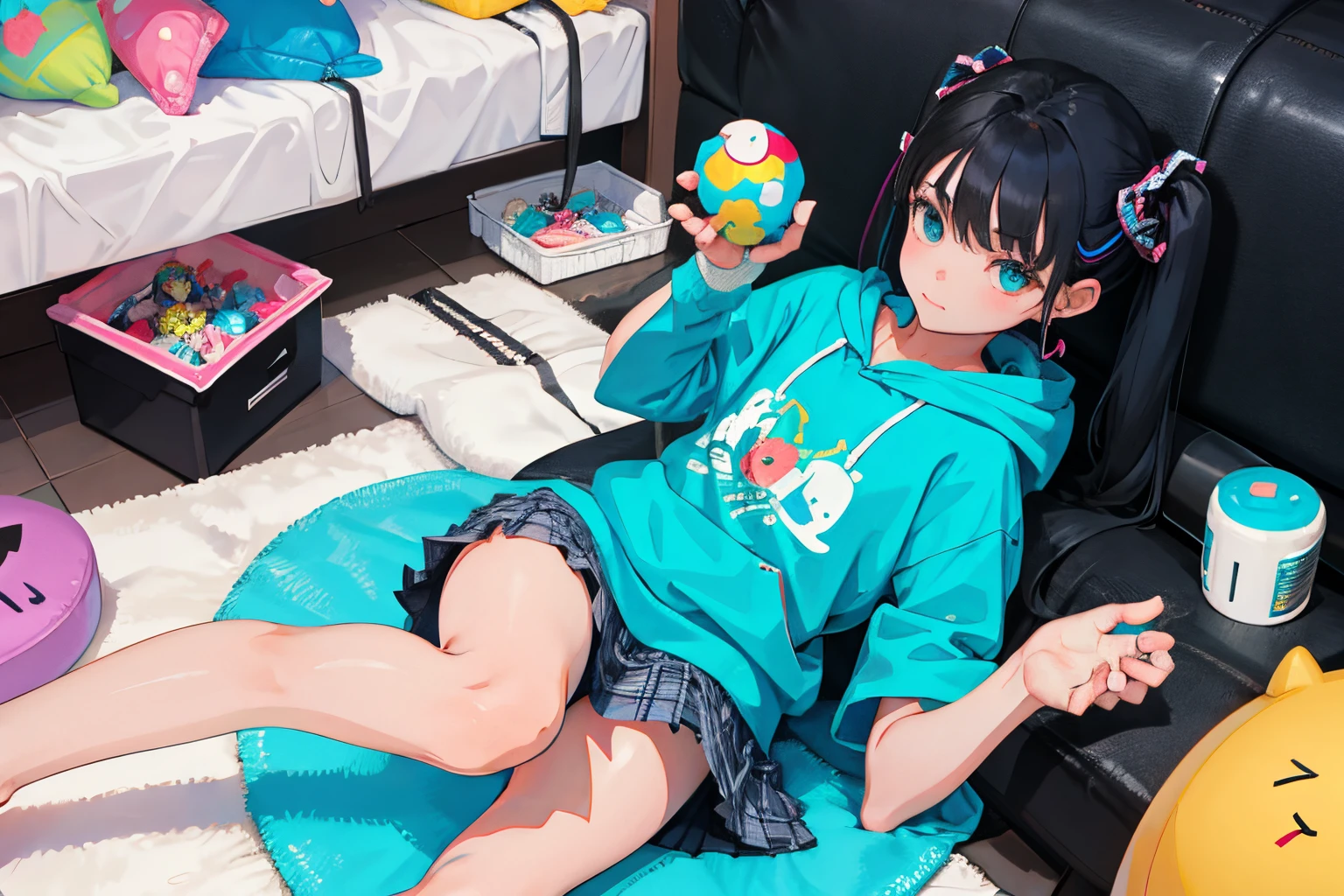,(masterpiece,Highest Quality),turquoise short sleeve hoodie,Plaid mini skirt,A dark-haired,long twintail,World of toys