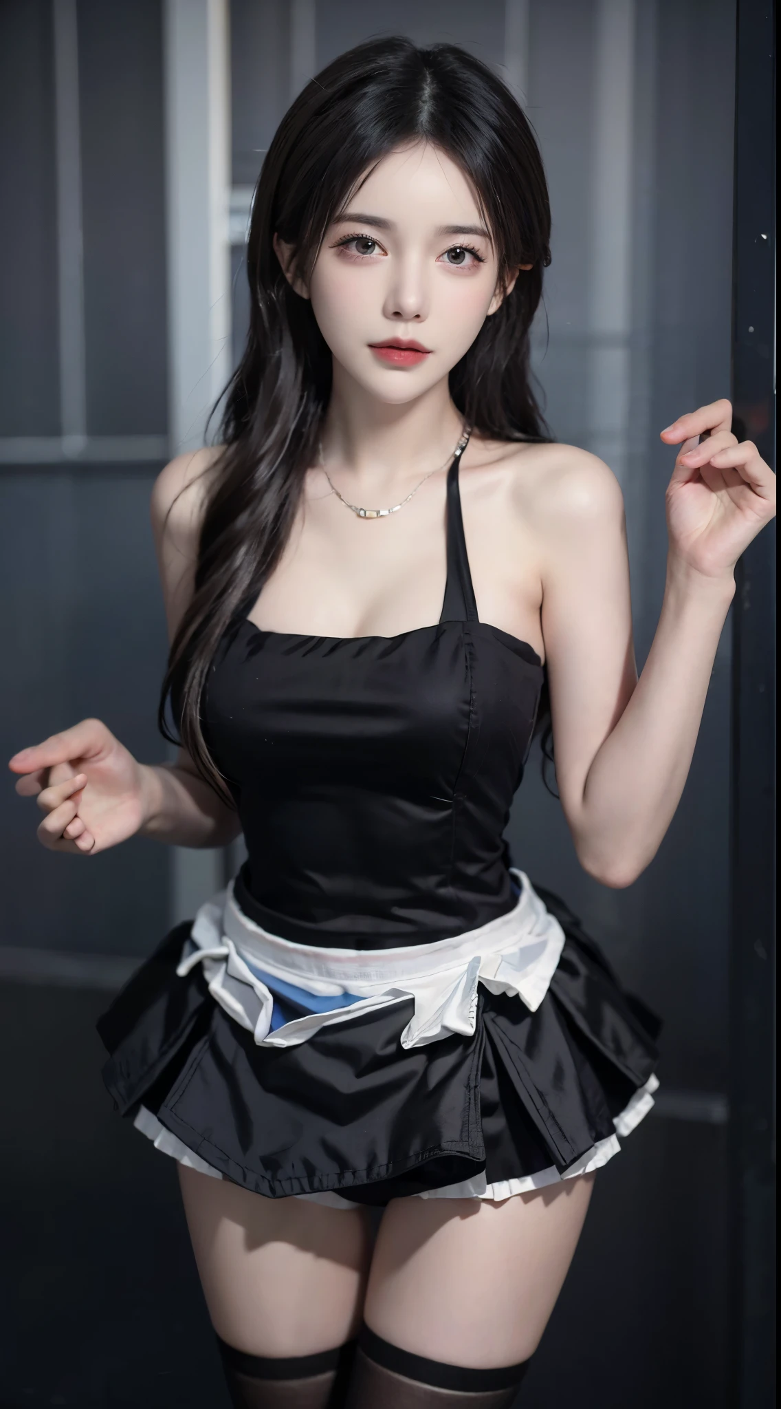 fishnets, apron,skirt,maid headdress, The beautiful, ins girl, tmasterpiece, light make-up, Redlip, Long messy hair, streets background, The beautiful, Elegant. Ultra-fine details, Works of masters, Authentic texture, Realistic movie lighting, Perfect work, 8K, k hd, exquisite facial features, slimfigure, big bright eyes, 耳Nipple Ring, choker necklace, Tattooed with, 手臂Tattooed with, 胸部Tattooed with