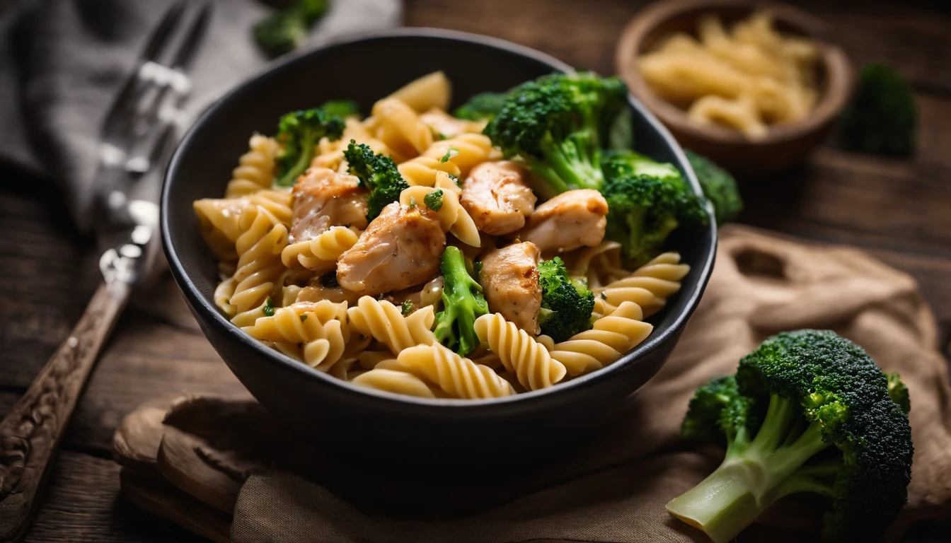 An aesthetic food photography composition featuring a detailed overhead shot of a bowl of Italian pasta with tender chunks of chicken and bright green broccoli, arranged artfully on a rustic wooden table, evoking a cozy and appetizing atmosphere.