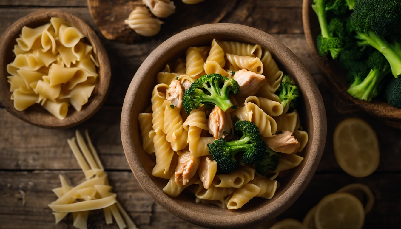 An aesthetic food photography composition featuring a detailed overhead shot of a bowl of Italian pasta with tender chunks of chicken and bright green broccoli, arranged artfully on a rustic wooden table, evoking a cozy and appetizing atmosphere.