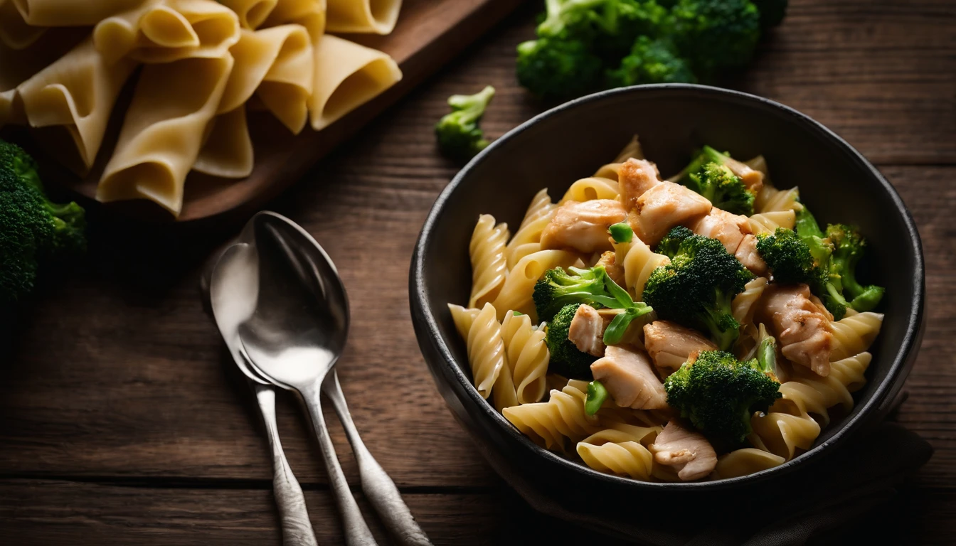An aesthetic food photography composition featuring a detailed overhead shot of a bowl of Italian pasta with tender chunks of chicken and bright green broccoli, arranged artfully on a rustic wooden table, evoking a cozy and appetizing atmosphere.