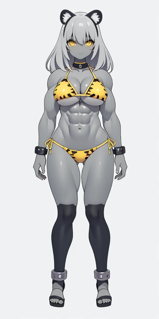 perfect hair, perfect body, looking at the viewer, standing, posing, mature female, very grey skin, muscular body, female oni, big breast, black chocker, slave chains, (((grey skin))), (detailed yellow bikini with tiger dots)