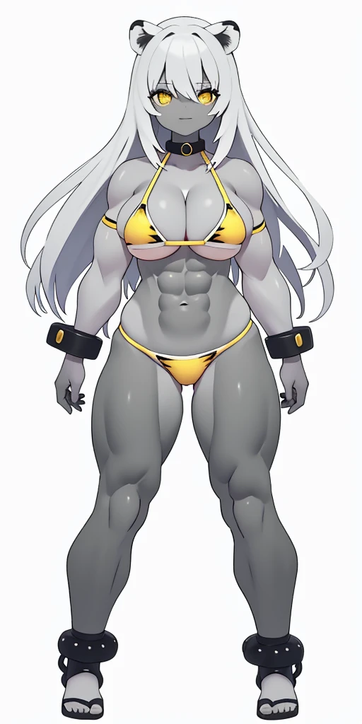 perfect hair, perfect body, looking at the viewer, standing, posing, mature female, very grey skin, muscular body, female oni, big breast, black chocker, slave chains, (((grey skin))), (detailed yellow bikini with tiger dots)